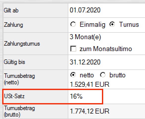 Screenshot: FOCONIS Vertragsverwaltung - Mehrwertsteueranpassung
